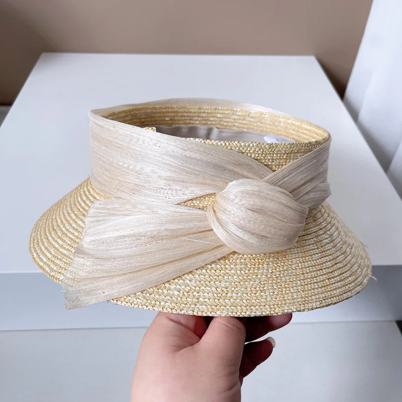 Light silk hemp straw empty top hat womens summer sun protection straw hat fashion retro topless shade basin hat 250320