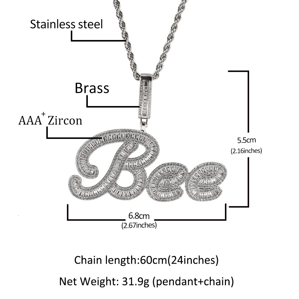 THE BLING KING Custom Brush Cursive Letter Name Pendant Necklace Iced Out Bageutte Cubic Zirconia Chain Necklace Hiphop Jewelry 250320