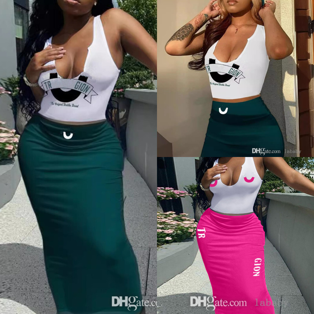 2025 Summer Fashion INS Two Piece Dress Women Designer Skirt Set Letter Printed Sleeveless Sexy Vest Tank Top And Long Dresses Sets Casual Suit Outfits
