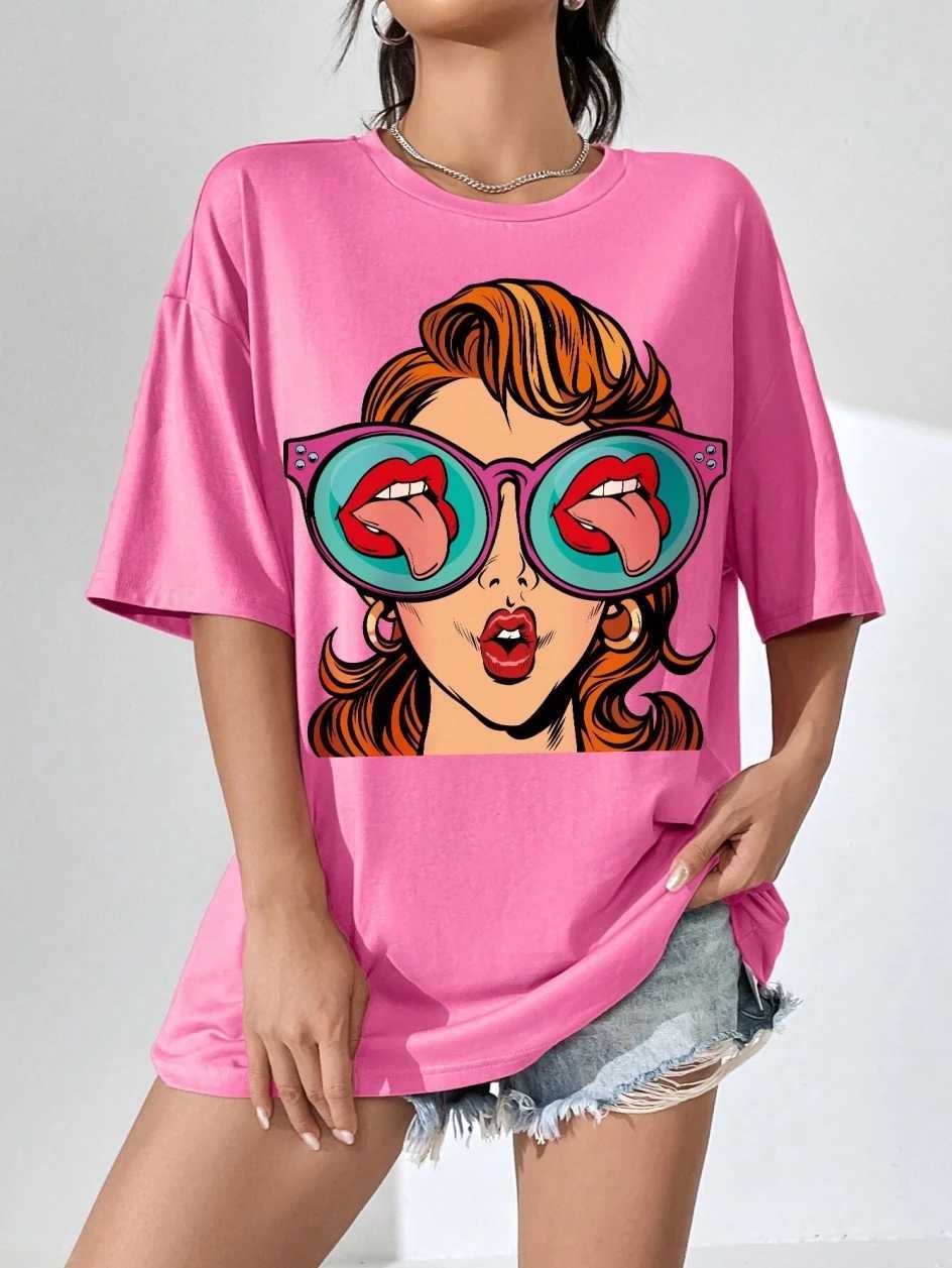 Cartoon pattern printed cotton womens T-shirt casual O-neck breathable soft short sleeved top loose and comfortable streetwearT250320