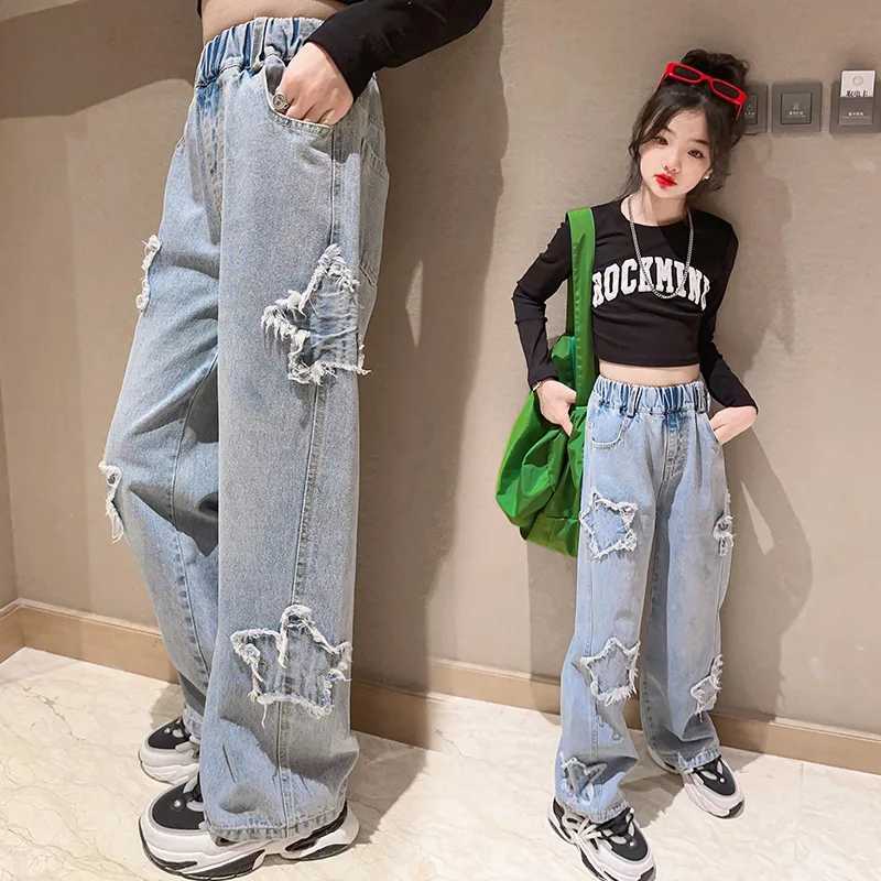 Girls jeans 2024 spring new adhesive fabric five point star wide leg pants childrens trend teenagers Trouser 8 10 12 years oldT250326