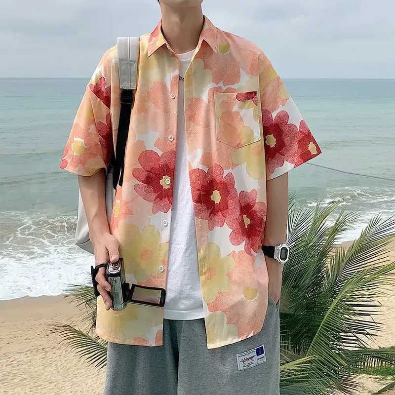 140KG beach shirt Hong Kong style summer mens or womens short sleeved clothing fashion printed ice silk coat couple shirt M250320