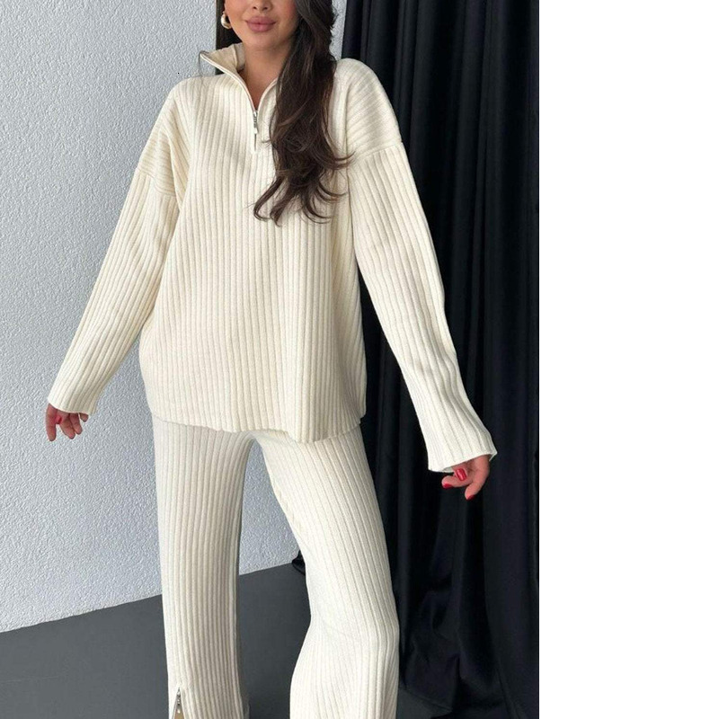 2025 Spring New Women's Solid Color Zipper Knitted High Collar Pit Strip Home Clothes Two Piece Set