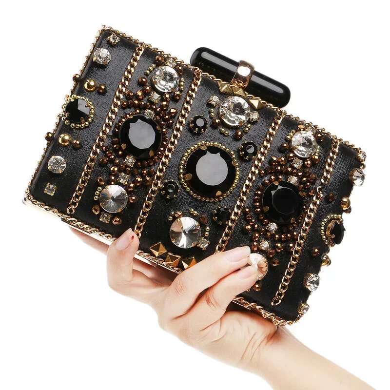 Women's Black Crystal Clutch Purse Formal Tail Party Evening Bag High Fashion Bead Dias Handbags Bolsa Feminina