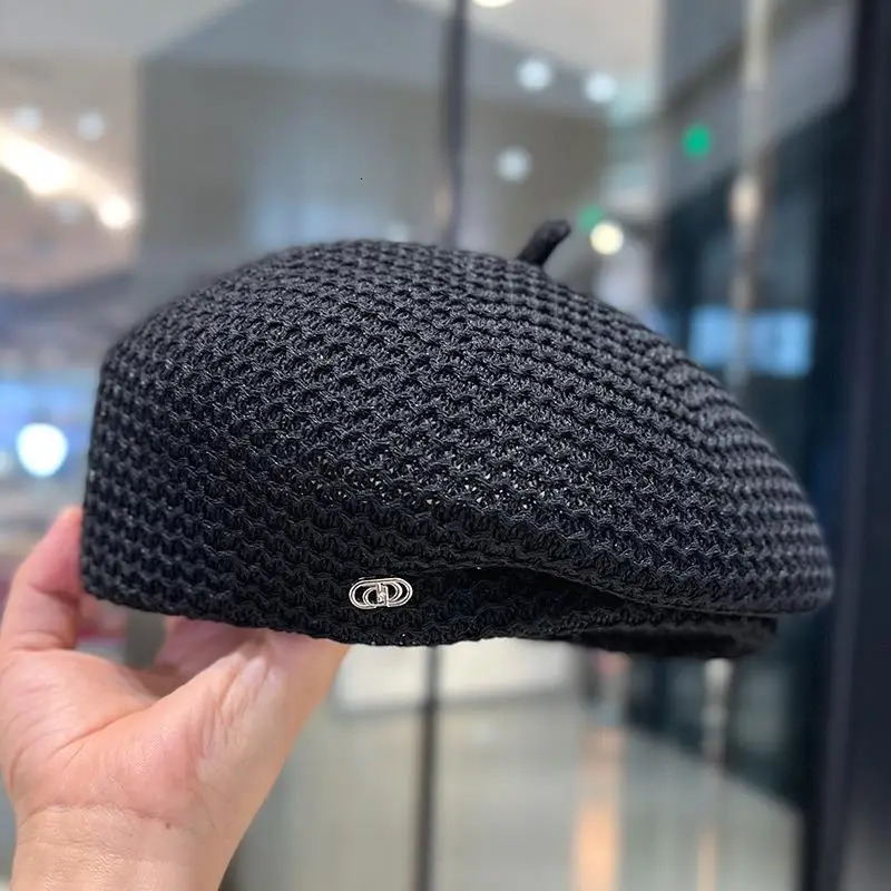 Women Fixed Pleated Paper Straw Beret Summer Milk Silk Knit Breathable Big Artist Fashion Painter Hat 250320
