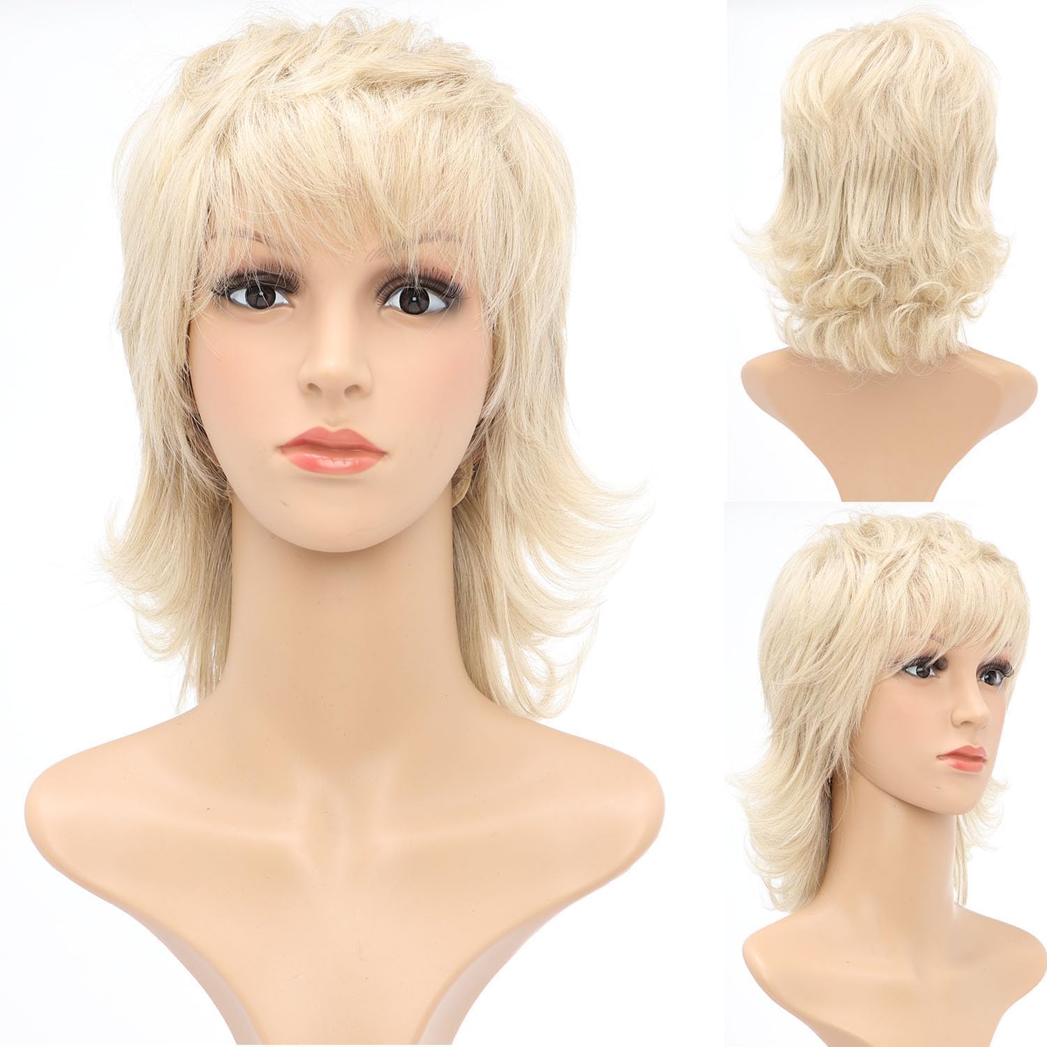 Short Blonde Wig Shaggy Layered 80s Mullet Blond Wig Pixie Cut Wig With Bangs Curly Synthetic Natural Fake Hair Replacement Wigs for White Women Daily