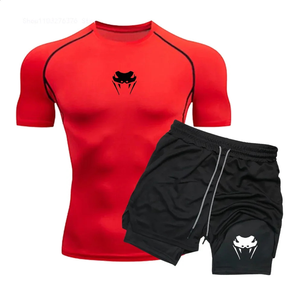 Mens Compression Clothing Sports Fitness Quick-drying Clothing Tight Short-sleeved Anime Double-layer Shorts Summer Suit S-3XL 250319