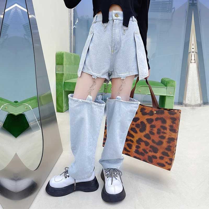 Fashionable Childrens Jeans Teens Girls Pants Hip Hop Hooks Split Jeans Shorts Spring Summer Kids Trousers Trend Wide-Leg JeansT250326
