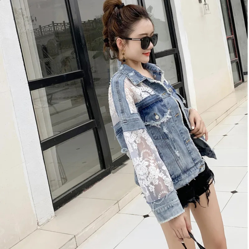#3102 Spring Spliced Lace Short Jeans Jackets Womens Coat Loose Perspective Denim Jacket Women Long Sleeves Sexy Hollow Out 250319