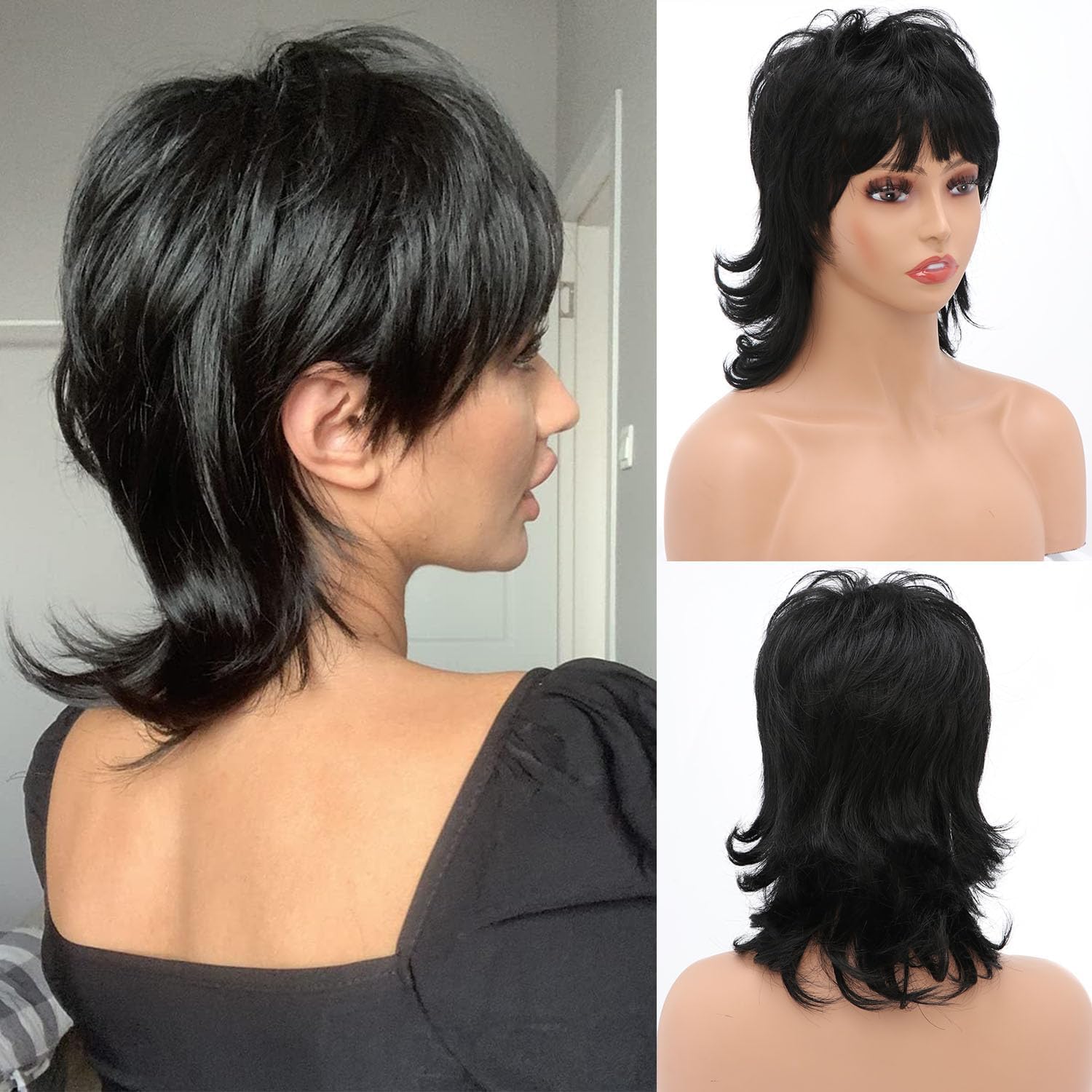 80s 90s Black Mullet Wigs Pixie Cut Wigs with Bangs for Women, Black Wolf short Synthetic Split Fringe for Women at Party and Cosplay
