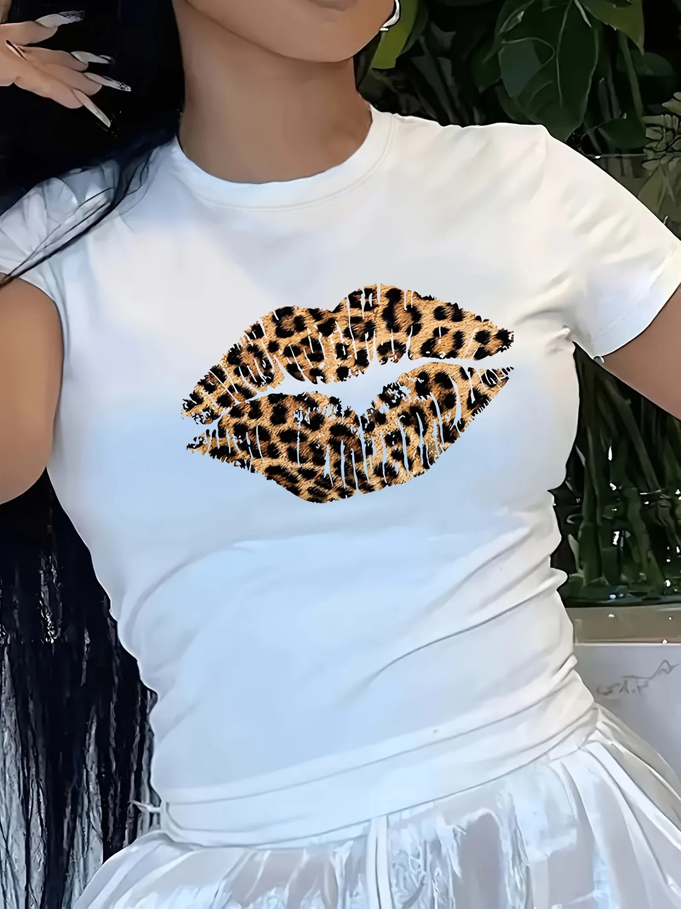 Summer womens leopard print lip print casual plus round neck short sleeved comfortable breathable T-shirt top 250320