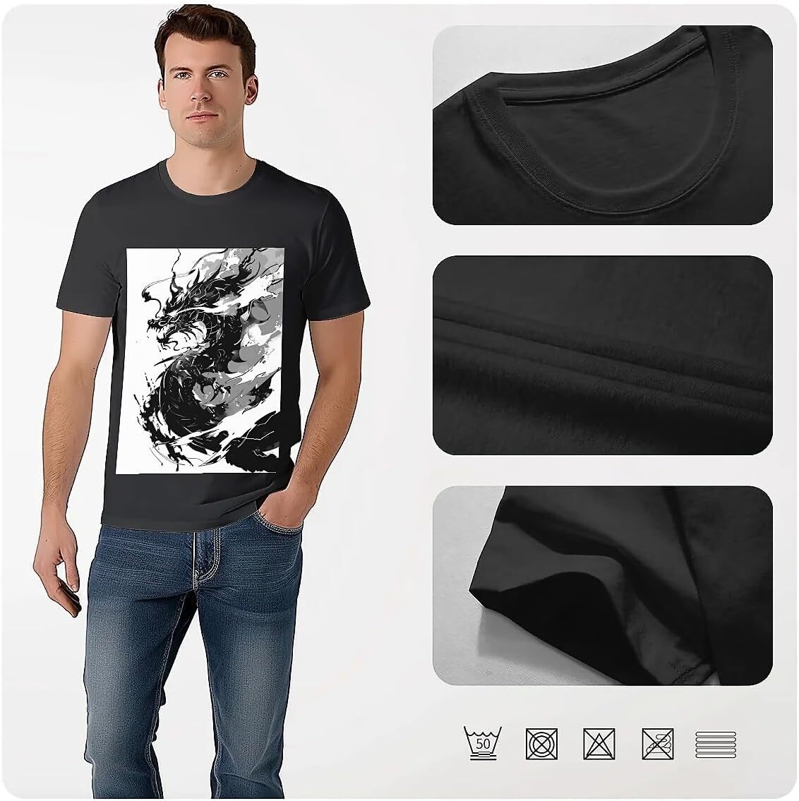T shirt for Mens Mens Novelty T-Shirts Graphic 2D Print Summer Short Sleeve Black and White Dragon Shirts Tshirt Graphic Tee Casual Tops Clothes Short