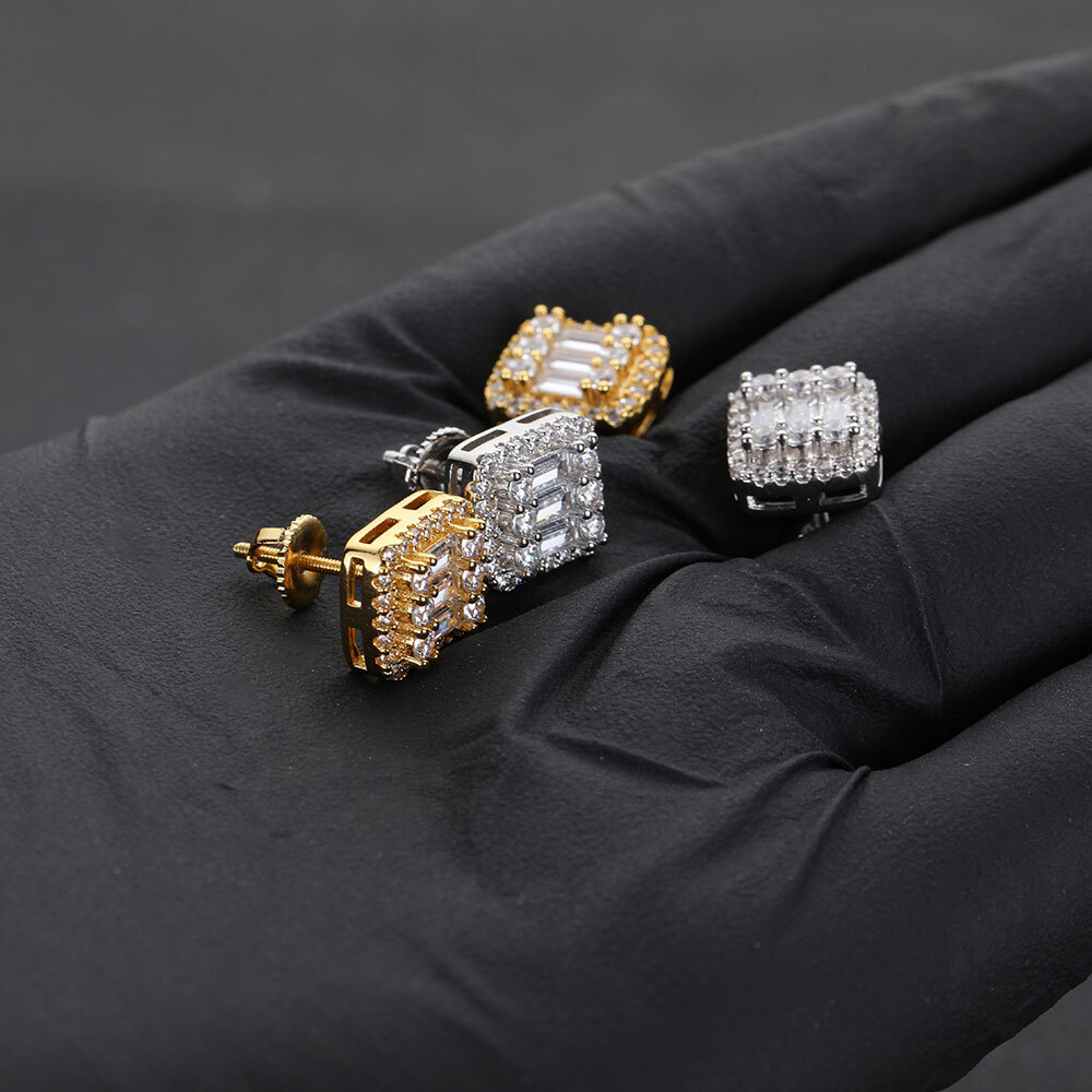 Hip Hop Fashion Luxury Rectangle 3A Cubic Zirconia Iced Out Stud Earrings For Women