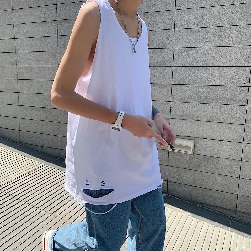 Summer ripped hole O-neck mens vest black and white camel hip-hop punk street fashion ultra-fine sleeveless T-shirt sports vest 250318