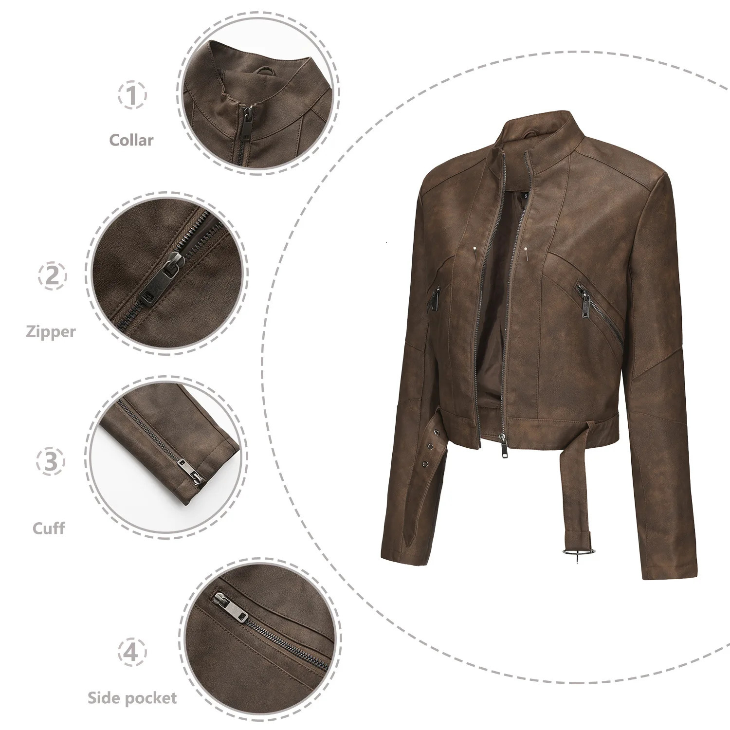 Spring and Autumn Womens Motorcycle Style Leather Jacket with Long Sleeve Zipper Coat Windproof 250314