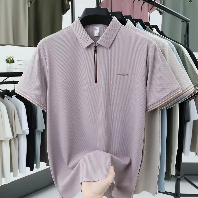 mens short sleeve summer zipper lapel polo shirt high-quality ice silk exquisite business casual T-shirt comfortable top 250320
