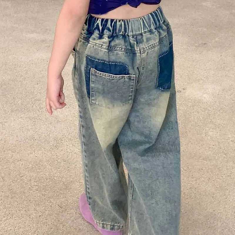 Autumn girls ripped jeans summer new styles childrens contrasting color pocket pants personalized retro wide leg pantsT2502320