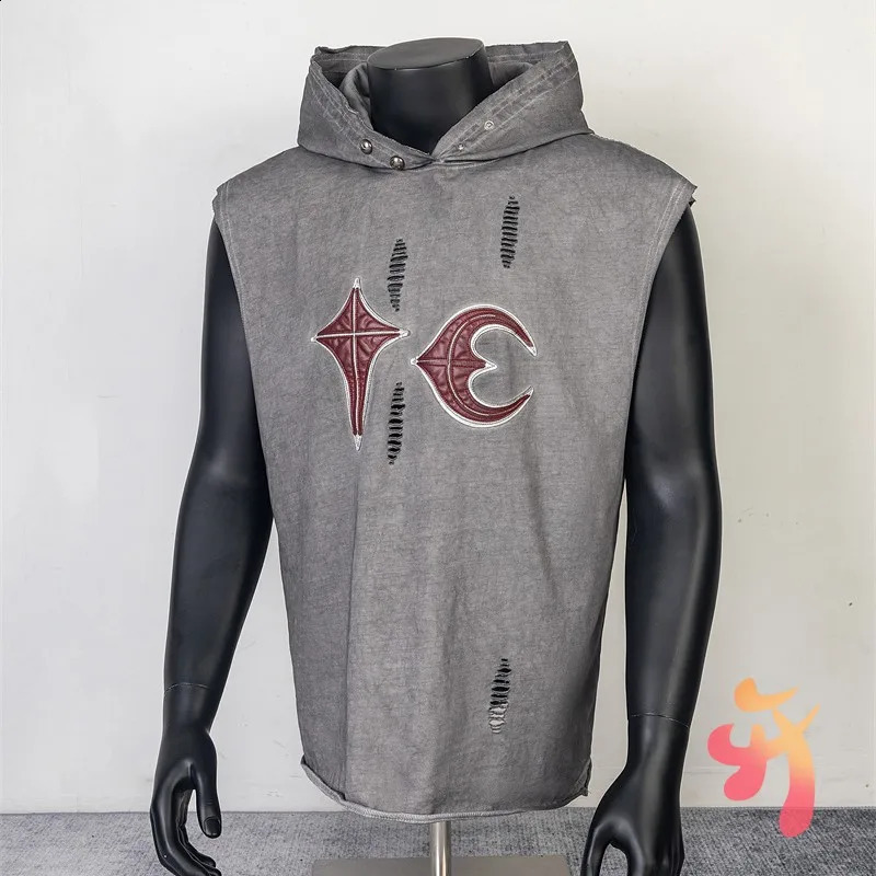 24ss Thug Club Vest Vintage Washed Cut Hole Embroidered Leather Star Moon Button Up Hood Sleeveless Camisole Men Women 250318