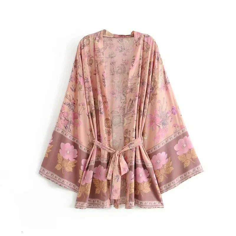 Happie Queens Women Floral Print Sashes Bat Sleeve Beach Bohemian Kimono Dresses Ladies V Neck Summer Bikini Boho Cover-ups 250320