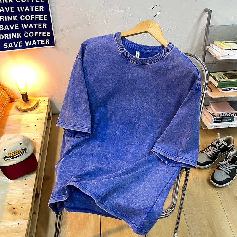 Vintage Snowflake Point Solid Color T-Shirts For Men Women 100% Cotton Short Sleeve Wash With Old Water Street Hip Hop Tee Shirt 250317