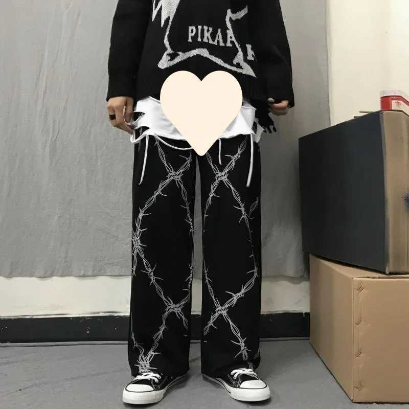 Korean style Harajuku retro black unique printed casual straight leg pants with loose fit mens high waist bell bottomT250319