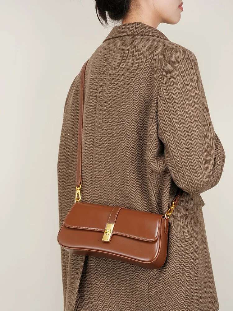 Genuine Leather Women Baguette Shoulder Cowhide Solid Color Handbag Underarm Fashion Ladies Shopping Bag Gift
