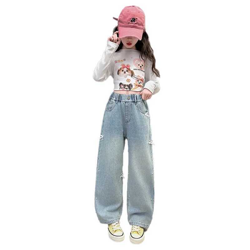 Childrens fashionable jeans with bow suitable for girls Spring Festival jeans casual light blue jeans for teenagers and children Trouser with pearlsT2