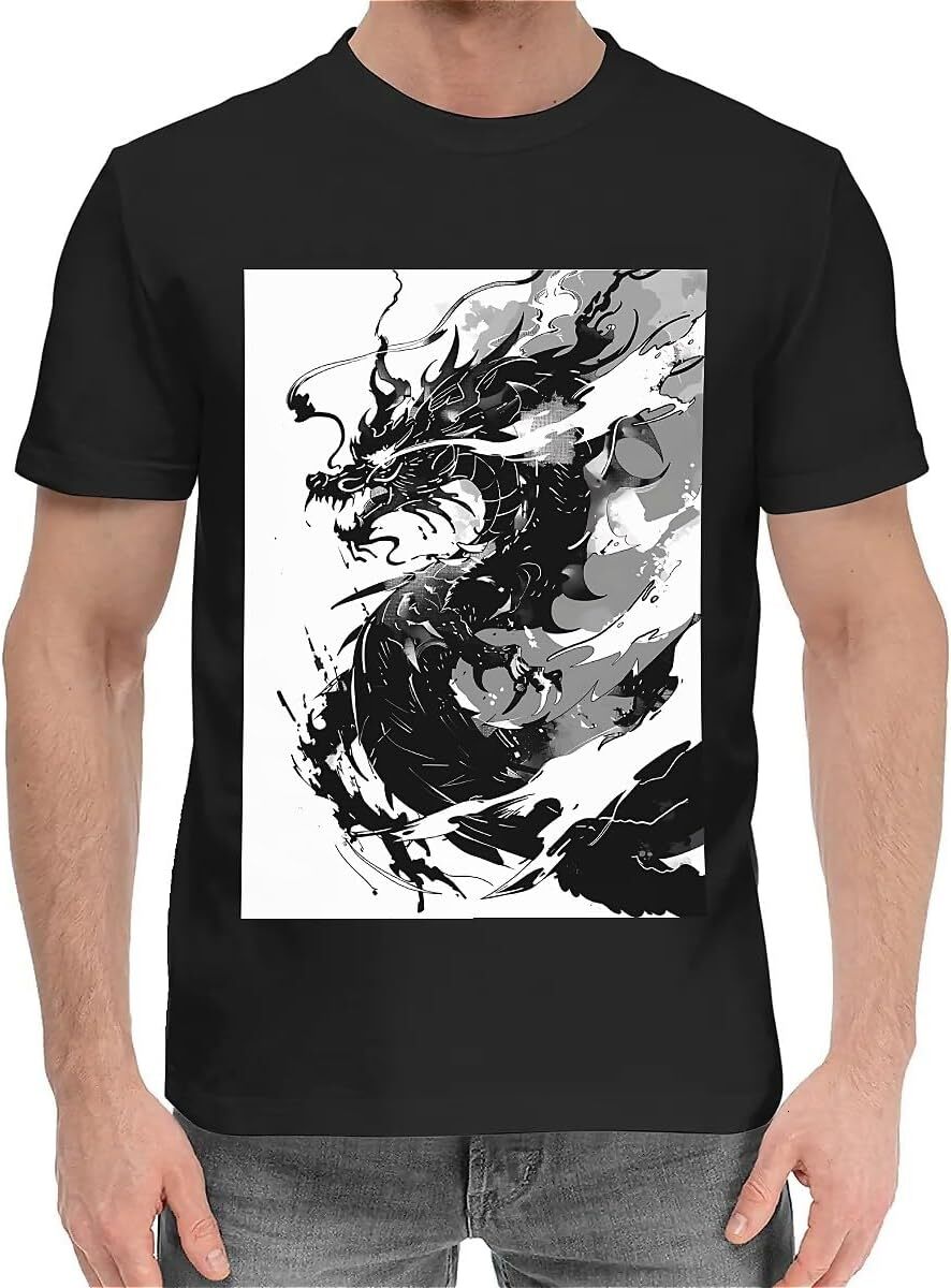 T shirt for Mens Mens Novelty T-Shirts Graphic 2D Print Summer Short Sleeve Black and White Dragon Shirts Tshirt Graphic Tee Casual Tops Clothes Short