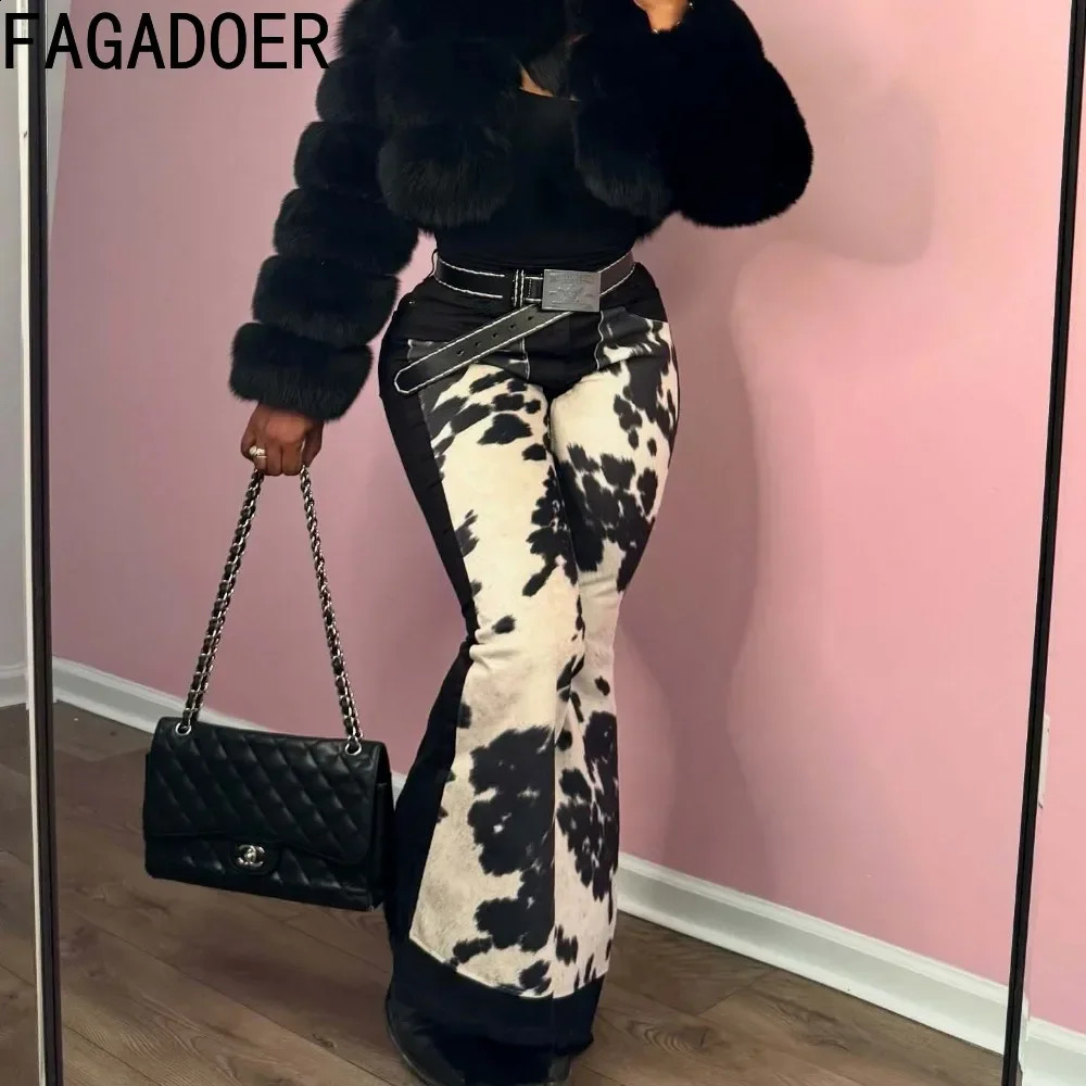 FAGADOER Spring Y2k Fashion Printing Patchwork Denim Pants Women Zipper Buttons Flare Jeans Female Streetwear Bottoms 250319