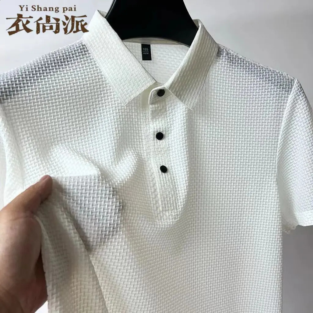 British style casual mens polo shirt summer solid short sleeved tee bamboo fiber ice silk material mens golf knitted polo 250317