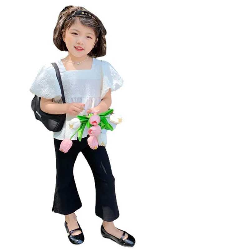 Summer girls short sleeved sweet square neckline bubble backless big bow fashion version short sleeved shirt childrens clothingT250320
