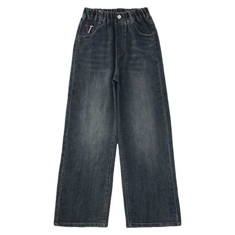 Spring Child wide leg jeans with letter pockets suitable for girls fashionable loose jeans children teenagers high waisted retro jeans TrousersT250326