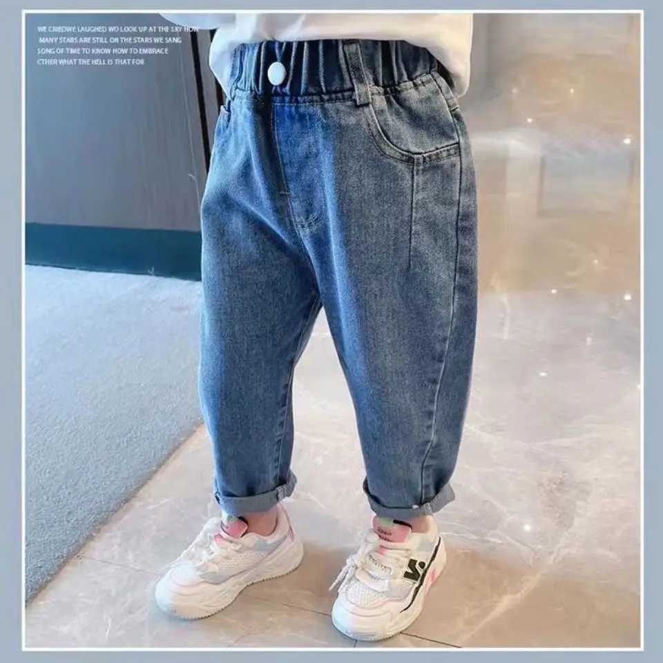 Spring 2025 Childrens Jeans Pure Cotton Elastic Waist Preschool Girls Jeans Loose Simple Baby Carrot PantsT250326