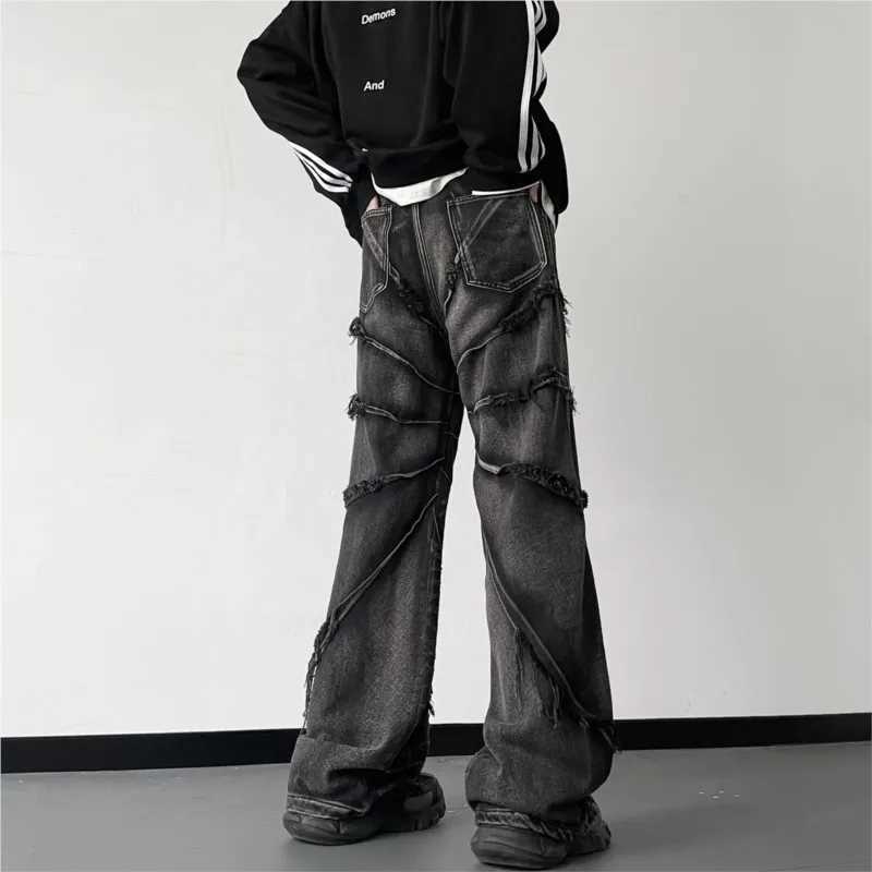 Striped fringe torn jeans mens fashion wide leg hip-hop lazy style jeans couple retro loose jeans mens denim jeansT250319