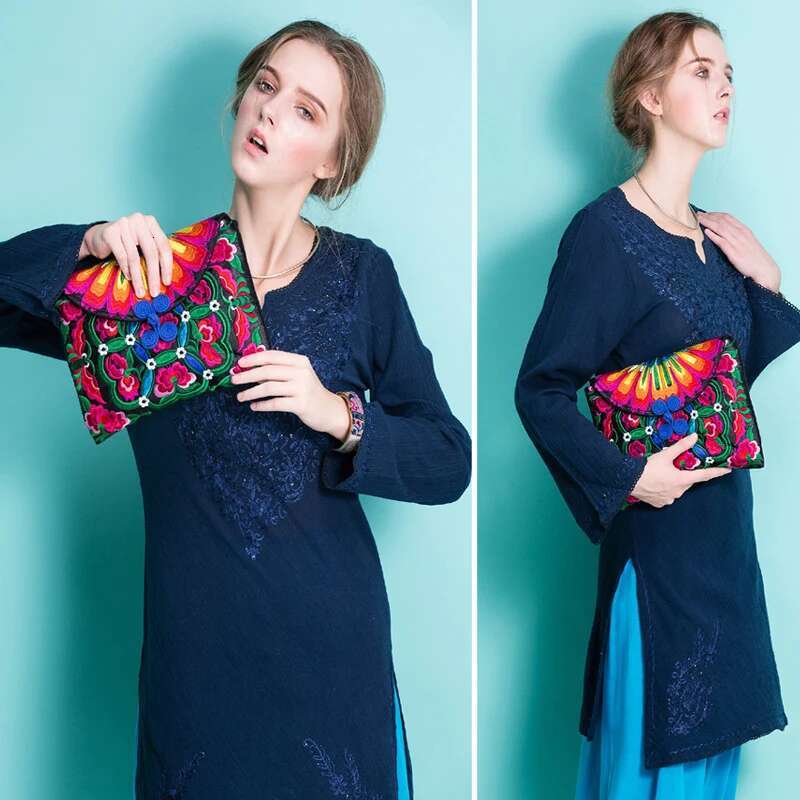 Double Embroidered Women's Fashion Day Clutch Party Bag Canvas Storage Bags Vintage Ipad Protective Sleeve