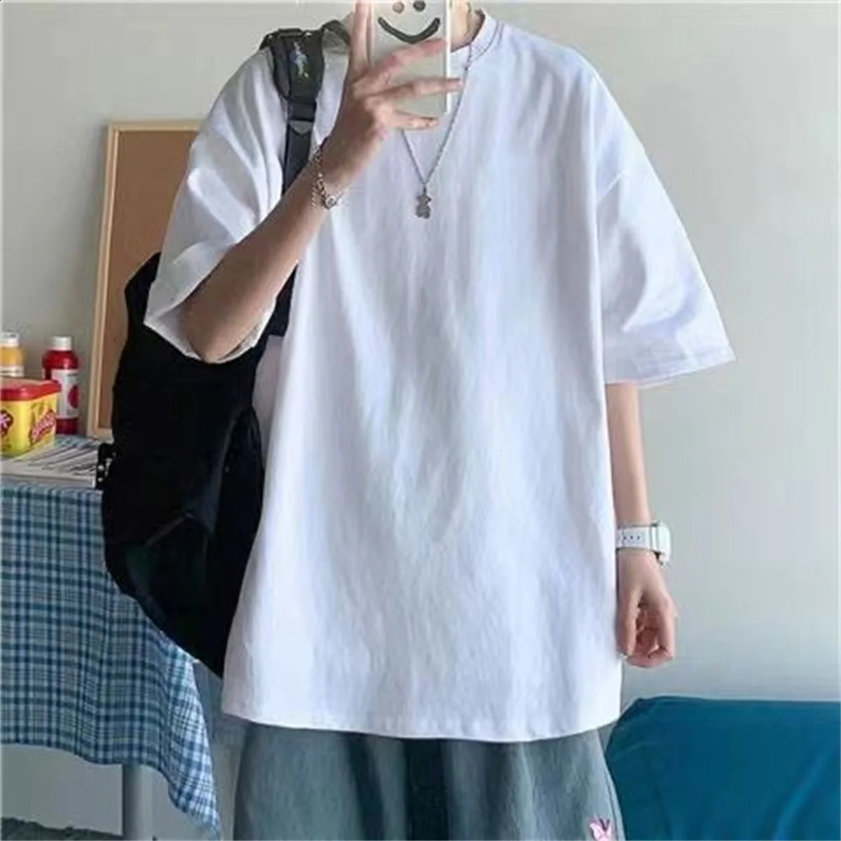 Fashionable solid polyester mens basic Tshirt casual oversized top highquality unisex short 250312