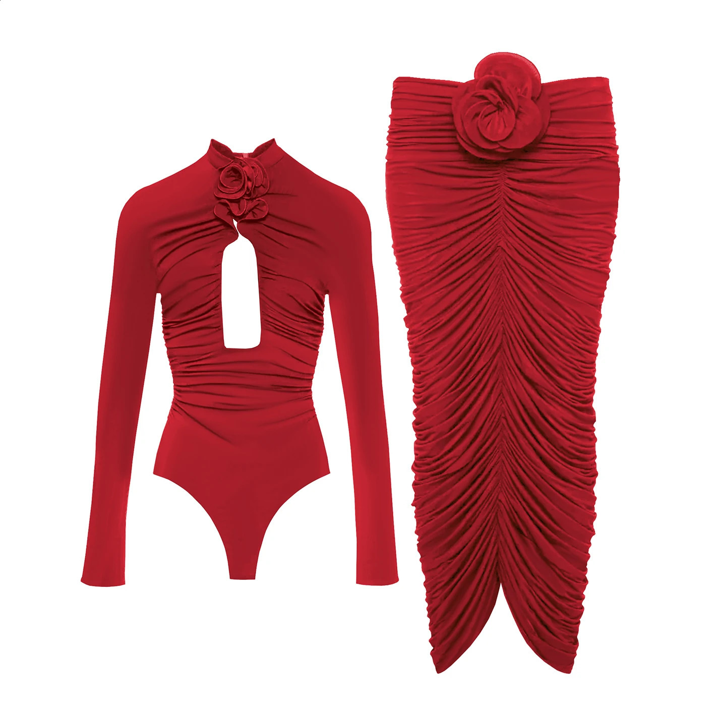 Red Flower Sexy Swimsuit With Cover Up Woman Swimwear 2025 Off Shoulder Swim Suits Female Sliming Bodysuit Chic Beachwear 250317