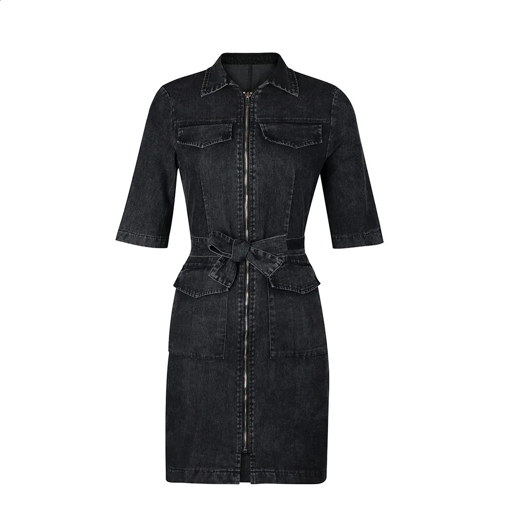 Women Fashion Short Sleeve Denim Dress Front Zipper Bandage Jeans Bodycon Pockets Dresses Ladies Lapel Slim Mini Dress 250319
