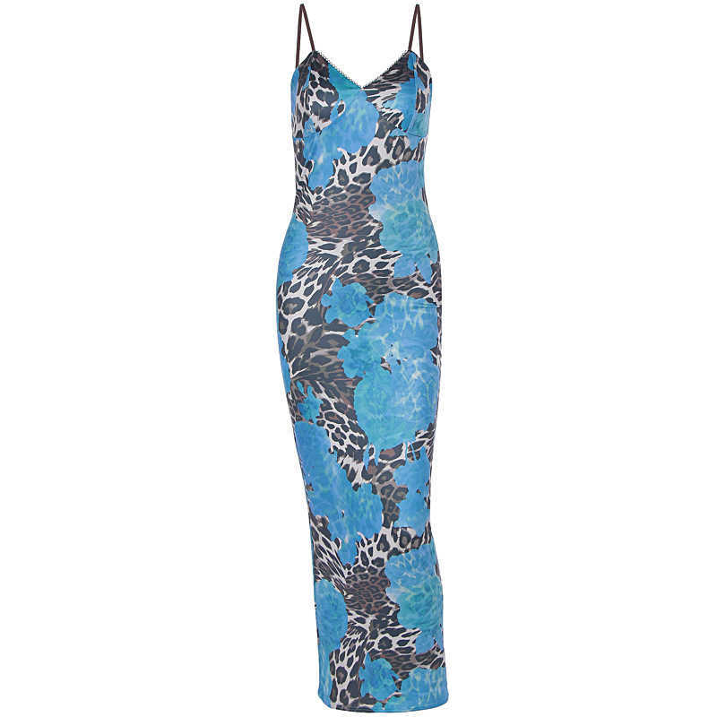 INS style women's spring new long skirt temperament slim fit print contrasting color backless suspender dress 250315