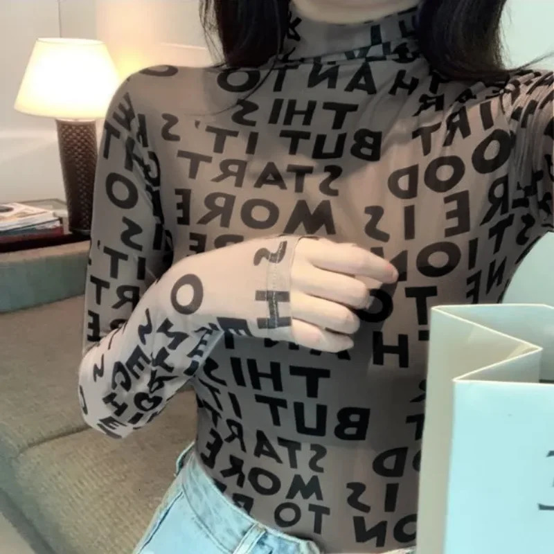 Leopard Printed Bodycon Sexy Long Sleeves Tops Mesh T Shirt Casual Nightout Y2K Covers Women Clothes Lady Party Club Streetwear 250320