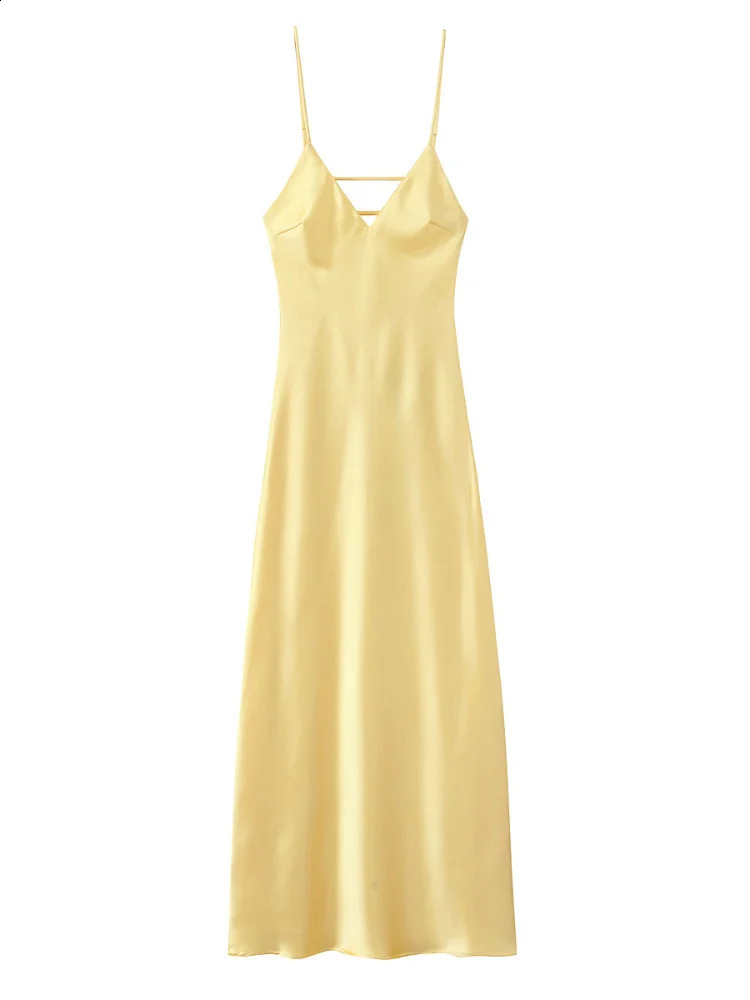 Elegant Satin Yellow Womens Long Dresses Fashion Sleeveless Backless Slim Fit Hem Midi Dress Summer Female Holiday Robes 250319