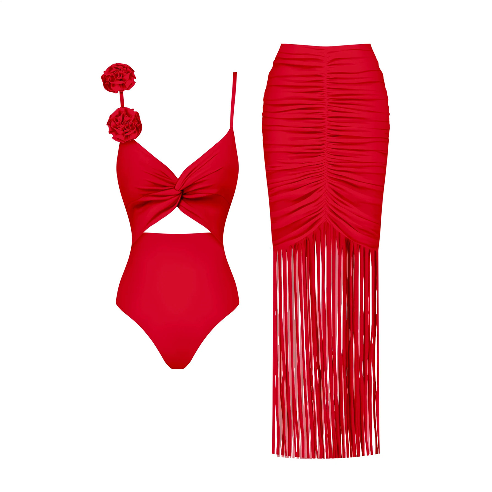 Red Flower Sexy Swimsuit With Cover Up Woman Swimwear 2025 Off Shoulder Swim Suits Female Sliming Bodysuit Chic Beachwear 250317