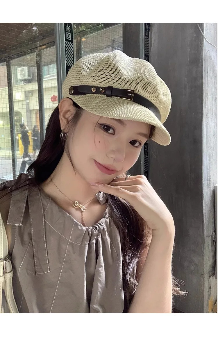 hollow octagonal hat for womens summer outings versatile sun protection straw hat British duck tongue beret 250320