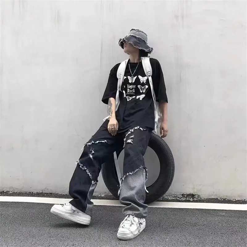 Korean fashion ripped jeans pants mens ripped hole Trouser casual soft fashion formal pockets straight denim TrouserT250319