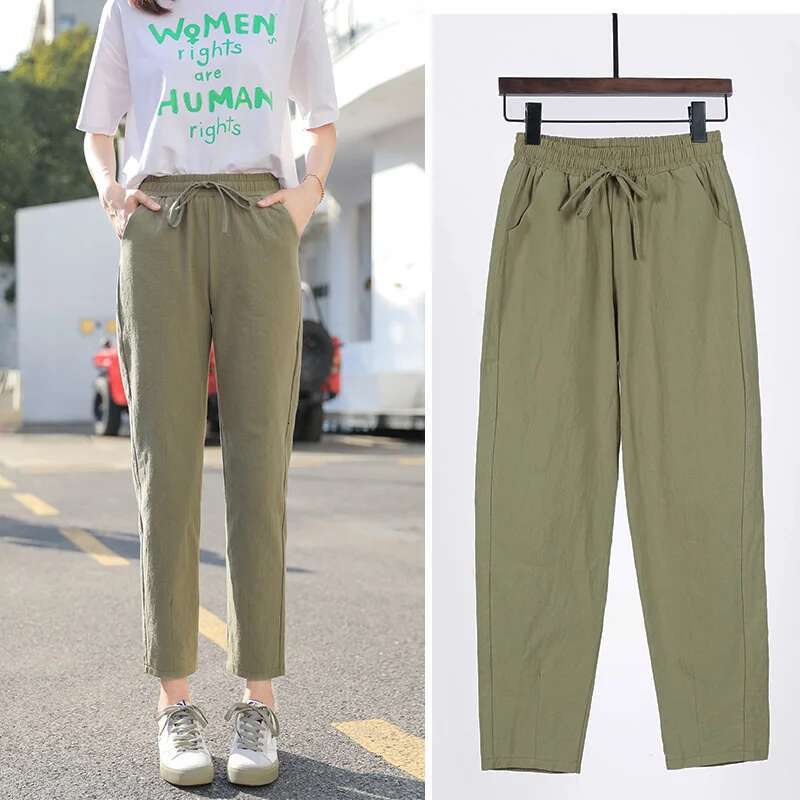 Womens Spring Summer Cotton En Solid Elastic Waist Candy Colors Harem Trousers Casual Female Pants