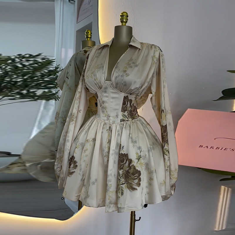 Women's Spring New Style Elegant Printed V-neck Lantern Sleeve High waisted Dress Short Skirt 250315