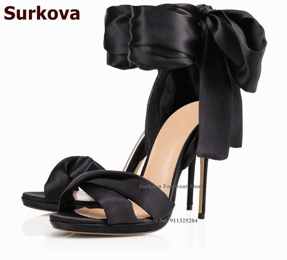 Surkova Hot Red Satin Fabric Big Bowtie Sandals Thin High Heel Silk Cloth Lace-up Butterfly-knot Wedding Shoes Plus Size46 Pumps