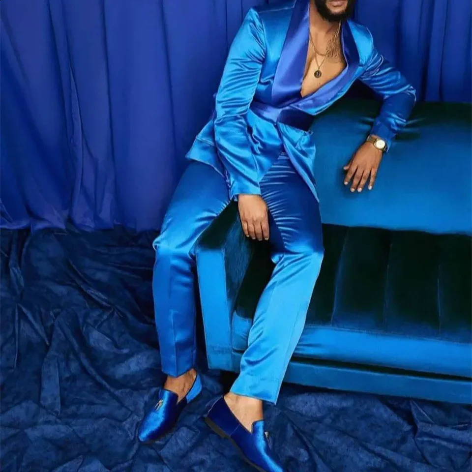 Fashionable blue shawl lapel mens set regular length flat front 2piece jacket pants ultrathin fit elegant wedding clothing complete 250311
