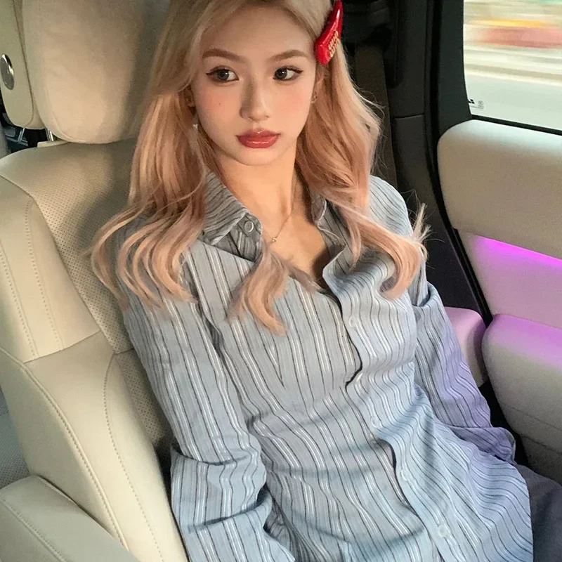 Long Sleeve Striped Shirt Slim Fit Waist-Fitted Top Womens Factory Direct Sales Cross-Border Foreign Trade Exclusive 250320