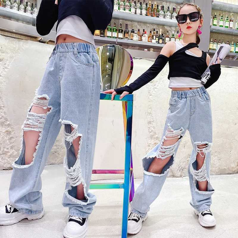 Kids Hole Jeans For Girls Spring Casual High Waist Wide Leg Pants Baby Girls Ripped Denim Trousers Children Clothing 5-14 YearsT250326